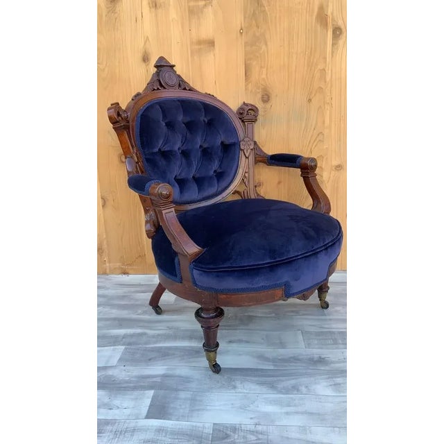 Antique Victorian Eastlake Carved His/Her Tufted Chairs Newly Reupholstered in Blue Velvet - Pair For Sale - Image 9 of 13