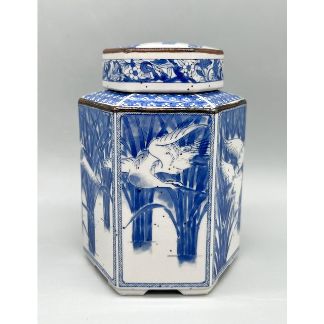 Set of Three Vintage Blue & White Porcelain Tea Caddies | Lidded Chinoiserie Canisters - Chinoiserie, Traditional, Grandmillennial For Sale - Image 10 of 18