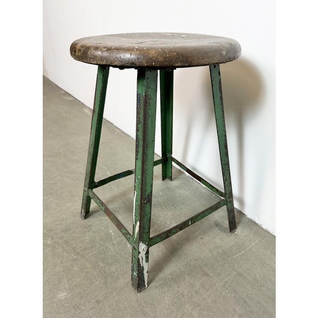 Wood Industrial Green Workshop Stool, 1960s For Sale - Image 7 of 16