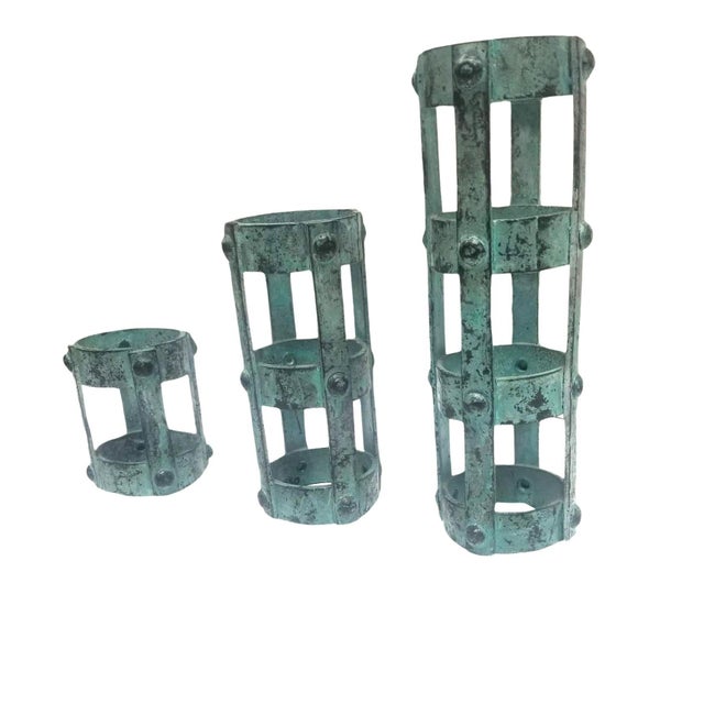 Metal 1970s Set of 3 Brutalist Style Candlestick Holders Cage Design For Sale - Image 7 of 7