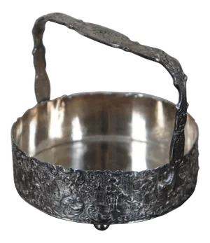 Early 20th Century Repousse Silver Plate CruetBrides Basket with Caddy Figures Cityscape