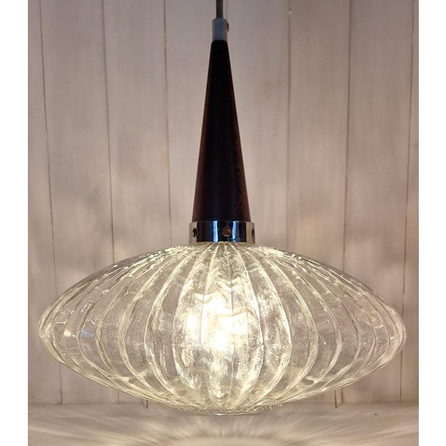 Metal Vintage Pendant Lamp with Ribbed Glass Shade, 1970s For Sale - Image 7 of 9