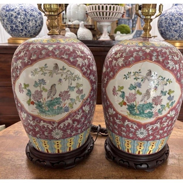 Paint Early to Mid Twentieth Century Chinese Export Famille Rose Ginger Jar Lamps Turquoise Enamel Flowers Birds, a Pair For Sale - Image 7 of 11