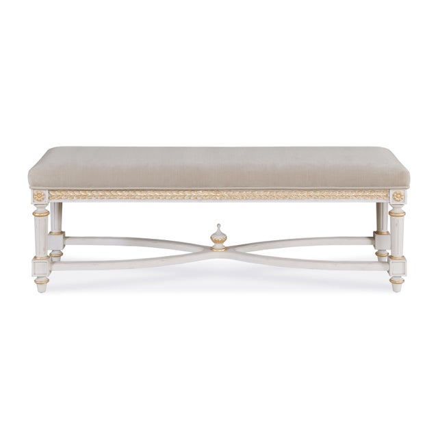 White wash finish with gold leaf accents and taupe velvet upholstered seat