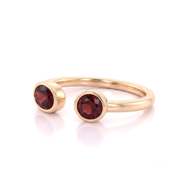 Contemporary Garnet Two Stone Ring | Open Cuff Gold Ring | Minimalist Stacking Ring | January Birthstone Ring Us 7 For Sale - Image 3 of 3
