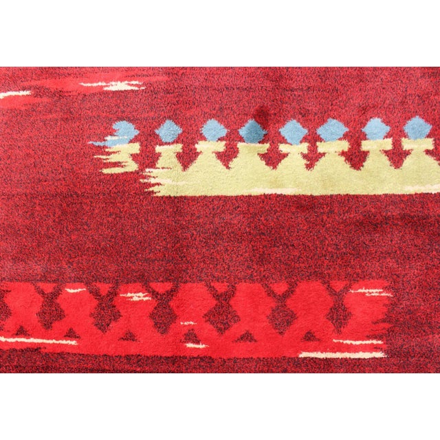 Red Modern Abstract Rug in Maroon, Barn Red, Carmine, Crimson and Lime Green For Sale - Image 8 of 11