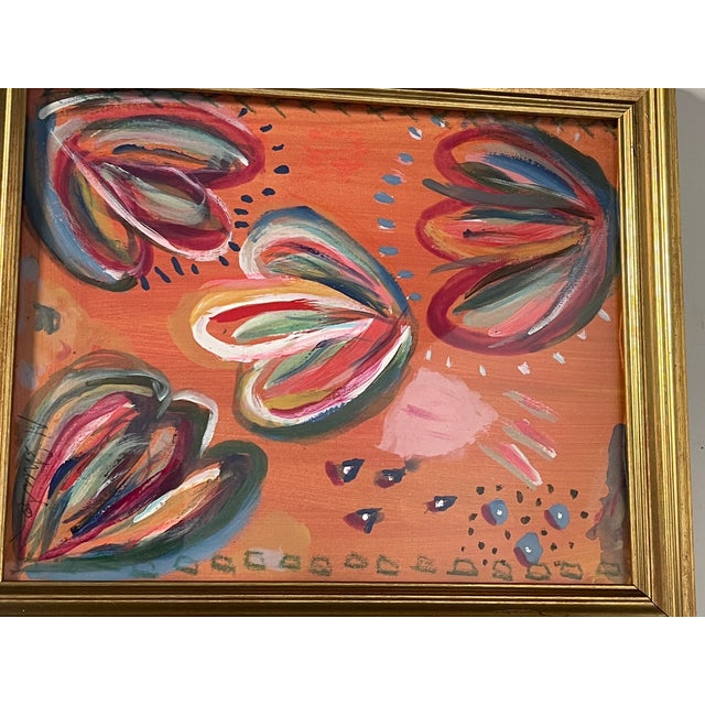 Hot Pink 1970s Charming Pair of Colourful Abstract Mixed Media Paintings Framed For Sale - Image 8 of 8