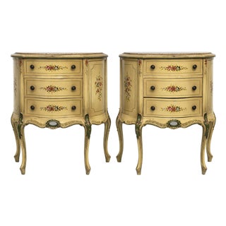 Pair 1940s Vintage Marble Top Hand Painted Nightstands / End Tables / Bedstands For Sale