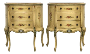 Pair 1940s Vintage Marble Top Hand Painted Nightstands / End Tables / Bedstands