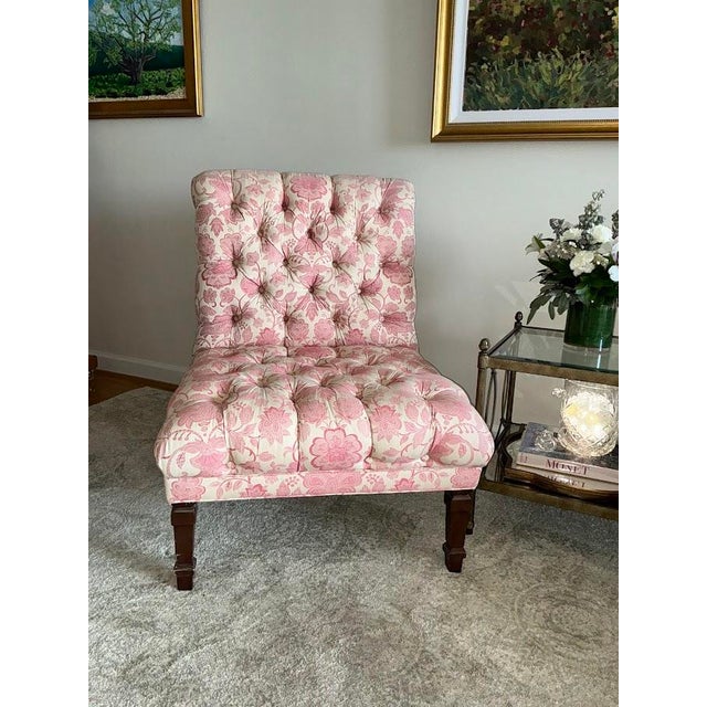These oversized, tufted Martha Stewart slipper chairs are beautiful and in very good condition. The cream background and...