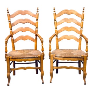 French Ladder Back Rush Seat Arm Chairs - a Pair For Sale