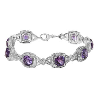 Sterling Silver Cushion-Cut Purple Amethyst & Diamond Vintage Halo Link Bracelet For Sale