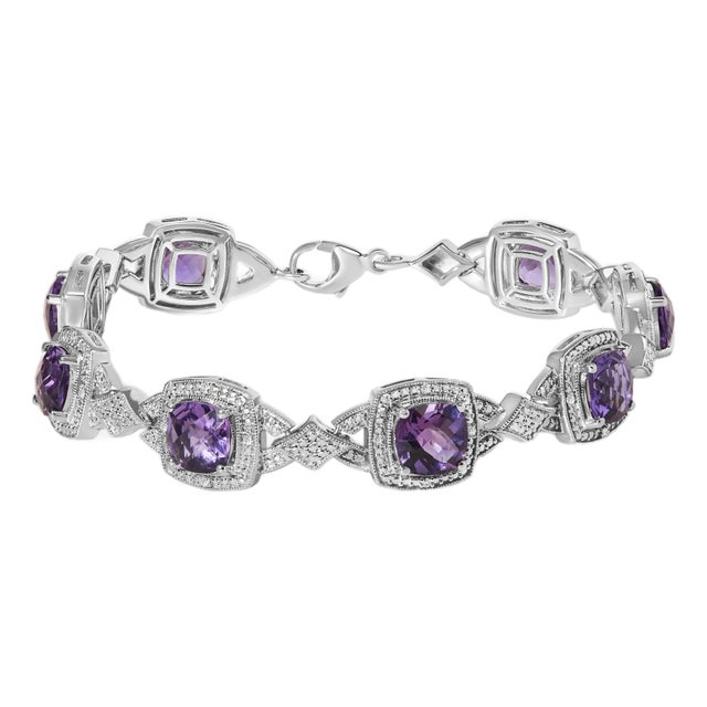 Sterling Silver Cushion-Cut Purple Amethyst & Diamond Vintage Halo Link Bracelet For Sale