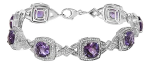 Sterling Silver Cushion-Cut Purple Amethyst & Diamond Vintage Halo Link Bracelet