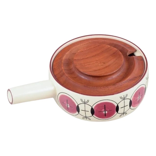 Modernist Stoneware Saucepan with Wooden Lid from Knabstrup 1970s For Sale