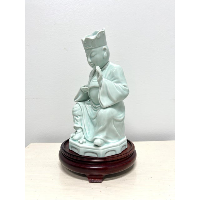 Wood Andrea by Sadek Blue Porcelain Buddha Figurine on Stand For Sale - Image 7 of 11