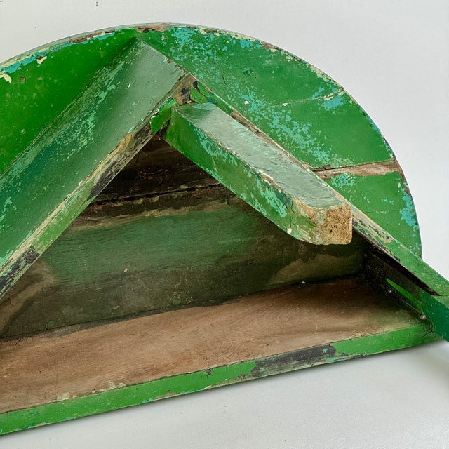 Early 20th Century Demilune Shaped Hand Constructed Wooden Accent Table in Naturally Distressed Avocado Green For Sale - Image 11 of 13