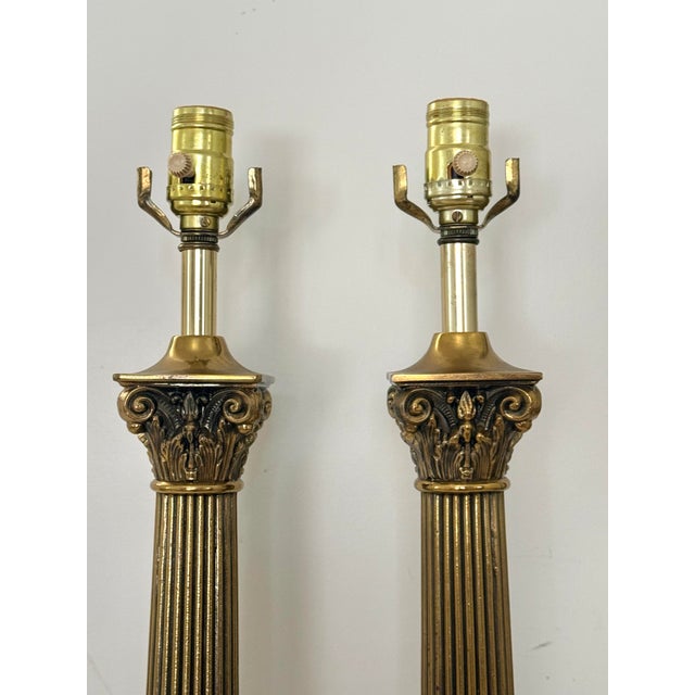 Paul Hanson Mid 20th Century Italian White Marble and Carved Brass Neoclassical Column Lamps, a Pair For Sale - Image 4 of 11