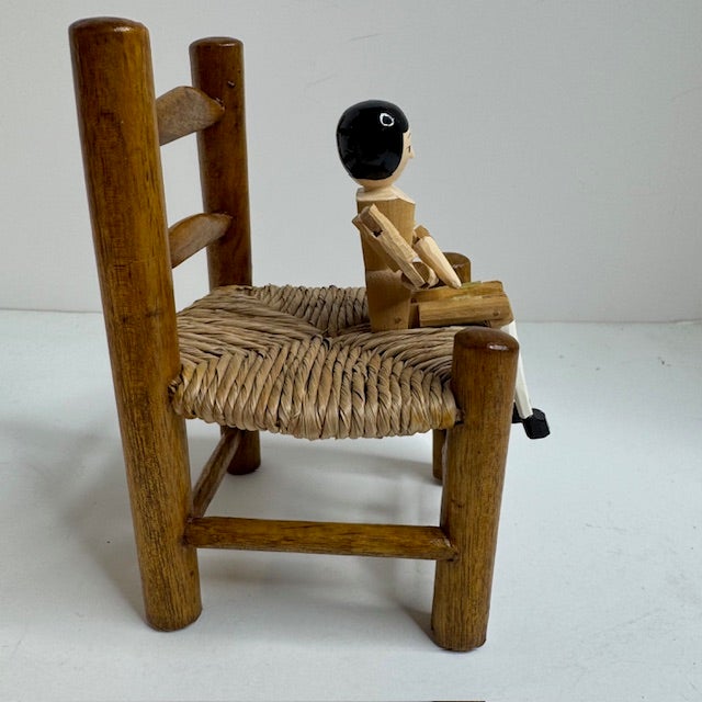 Vintage Eric Horne Co. Wooden Peg Doll in a Rush-Seat Chair, Made in Usa For Sale - Image 4 of 15