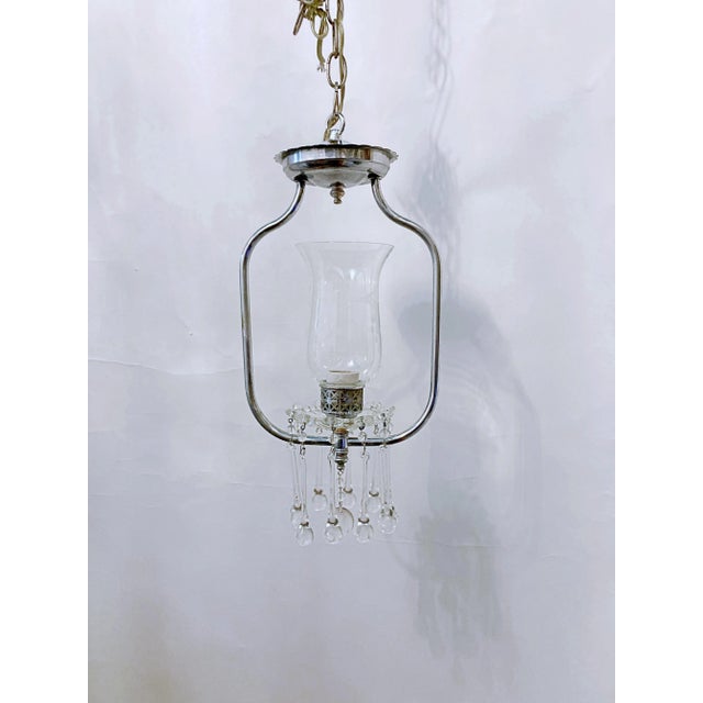 Chrome 1950s Colonial Revival Style Pendant Fixture With Etched Glass Shade For Sale - Image 8 of 8
