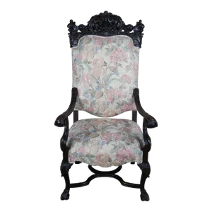 Late 19th Century Antique French Baroque Carved Walnut Upholstered Throne Armchair