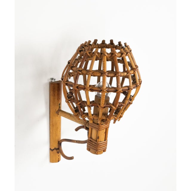 Mid-Century Rattan and Bamboo Wall Sconce in the style of Louis Sognot, 1960s For Sale - Image 6 of 9
