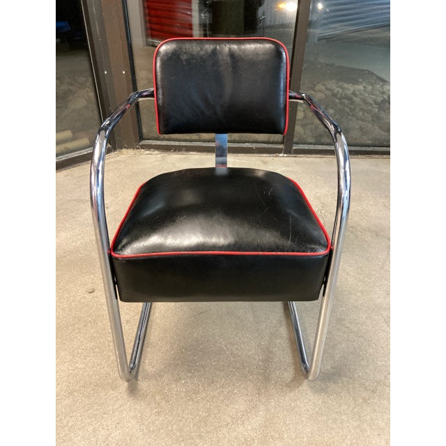 1930s Royal Chrome tubular steel and naugahyde cantilever “Springer” style club chair, manner of Wolfgang Hoffmann or KEM...