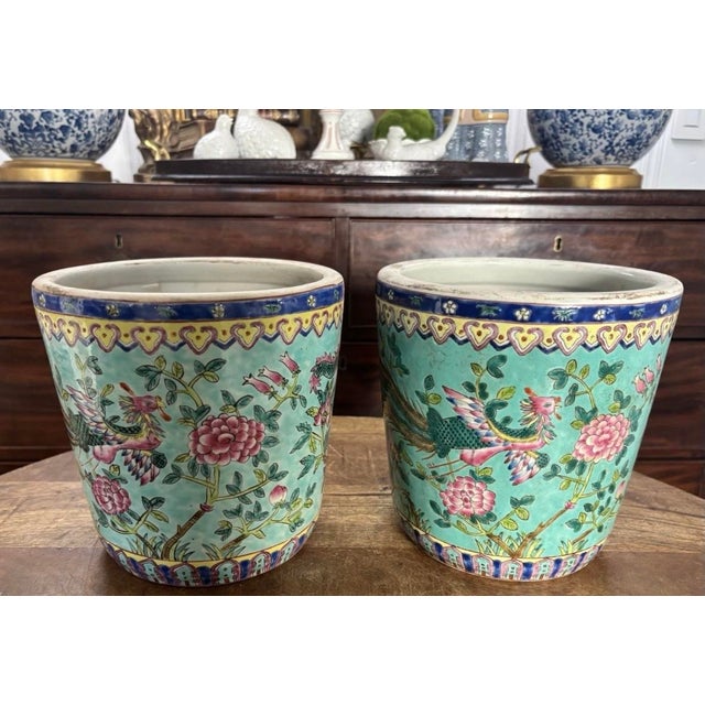 Chinoiserie Early to Mid Twentieth Century Famille Famille Rose Turquoise Ground Heavily-Enameled 8” Cachepots With Dragon Motif, a Pair For Sale - Image 3 of 9