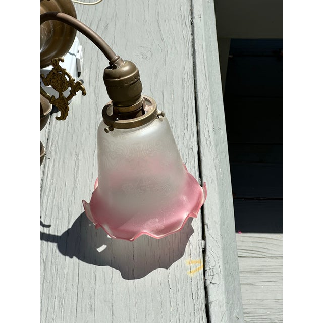 Metal Vintage 3 Light Brass Wall Sconce With Vianne Gas/Electric Shades For Sale - Image 7 of 12