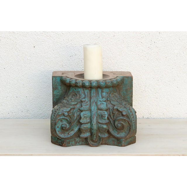 Turquoise Finely Carved Turquoise Blue Teak Capital For Sale - Image 8 of 8