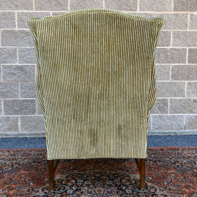 Vintage Ethan Allen Traditional Chippendale Wingback Lounge Chair in Striped Olive Green For Sale - Image 11 of 17