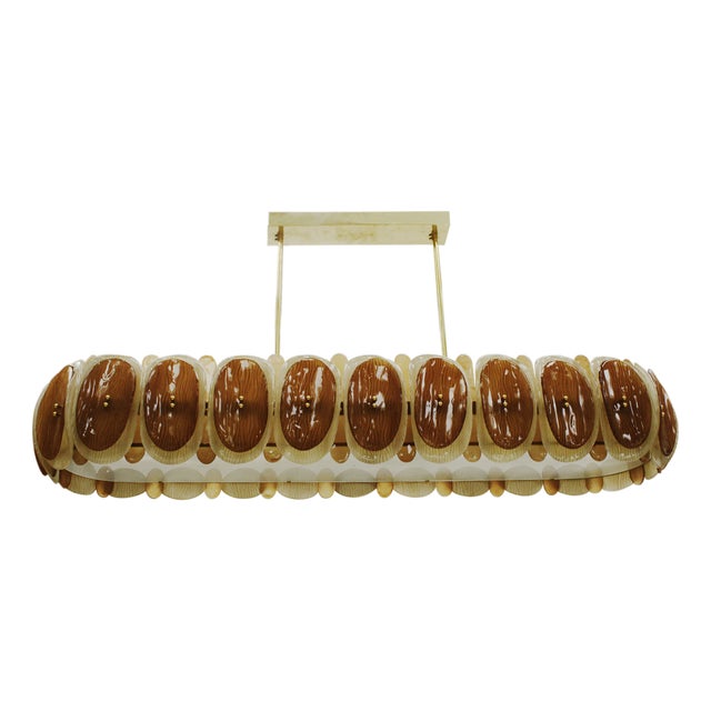 Italian Midmodern Style Pendant Lamp in Brass with Brown and Beige Murano Glass Shade For Sale