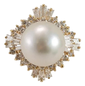 Ladies 14k Yellow Gold Pearl Double Halo Baguette & Round Diamond Cocktail Ring, Size 6.5