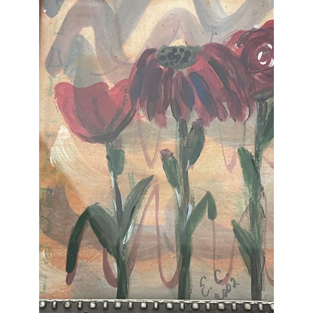1970s Pair Abstract Modern Floral Small Paintings Framed For Sale - Image 4 of 7