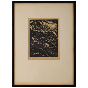 Stylized Horses Running Framed Engraving, 1930s