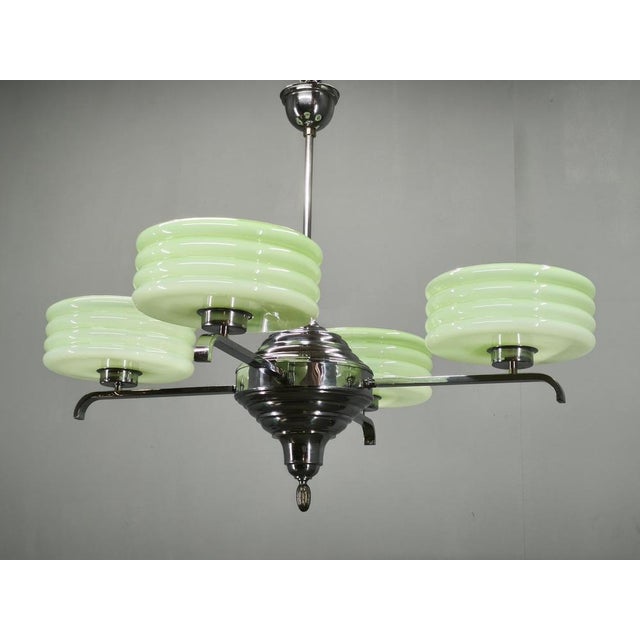 Art Deco Green Opaline Glass Chandelier, Former Czechoslovakia, 1930s For Sale - Image 13 of 14