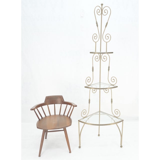 Metal Baker Style Corner Rounded Wrought Iron Brass Glass Etagere Shelf Display c1940s For Sale - Image 7 of 12
