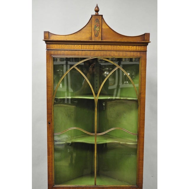 Traditional Antique English Adams Style Green Hand Painted Narrow Corner China Cabinet For Sale - Image 3 of 18
