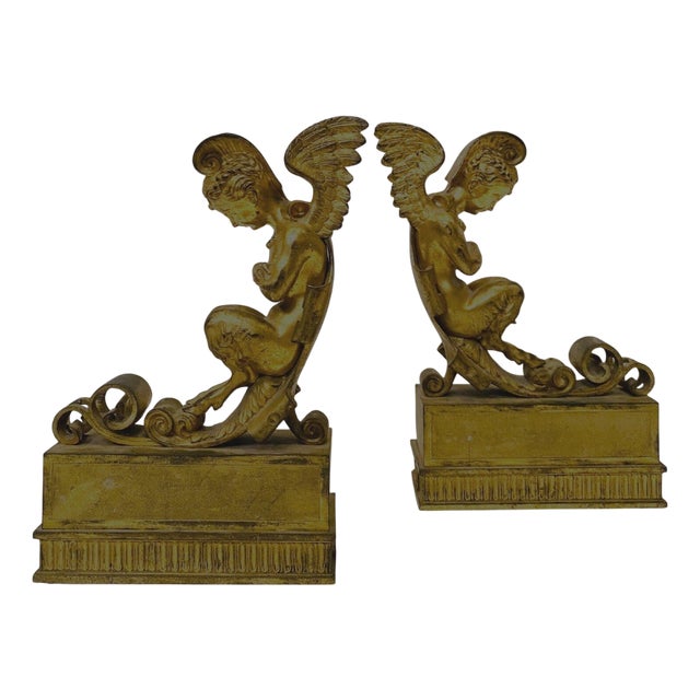 Gilt Bronze Andirons with Winged Fauns, 1800s, Set of 2 For Sale