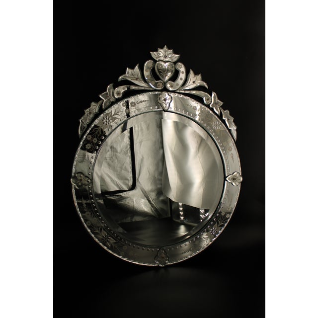 VTG Venetian Murano Glass Mirror Etched Floral Round Italy, 28.5" T X 22.5" W For Sale - Image 10 of 10