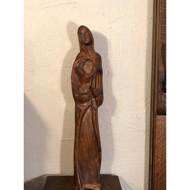 Large Mid Century Hand Carved Wooden Mother and Child Statue For Sale - Image 12 of 13