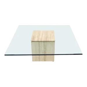 Large Square Travertine Base Glass Top Coffee Table