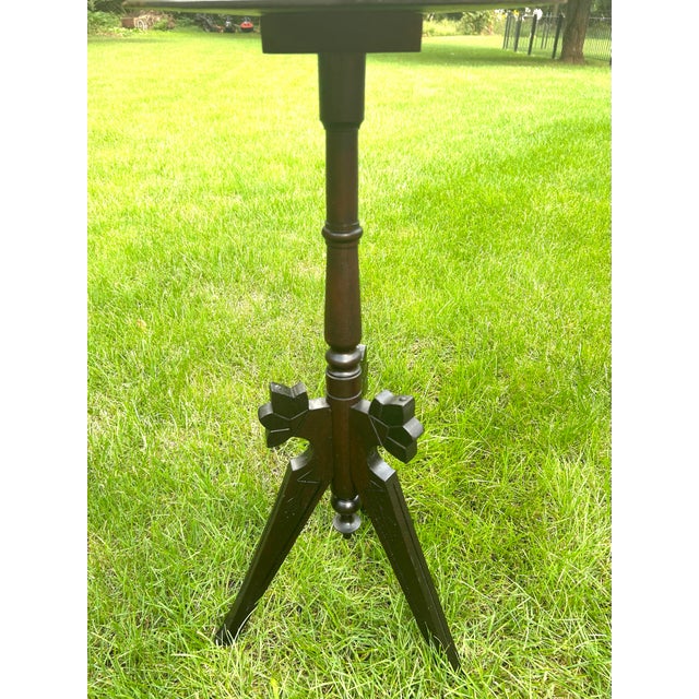 Victorian Antique, Walnut, Tripod, Occasional Table, Carved Tulip Motif, Geometric-Incised Details, Victorian/Eastlake Attributes, C 1900-1930’s For Sale - Image 3 of 12