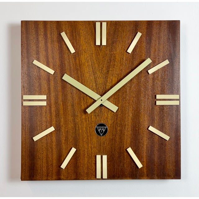 Wood Vintage Brown Wooden Wall Clock from Pragotron, 1980s For Sale - Image 7 of 16