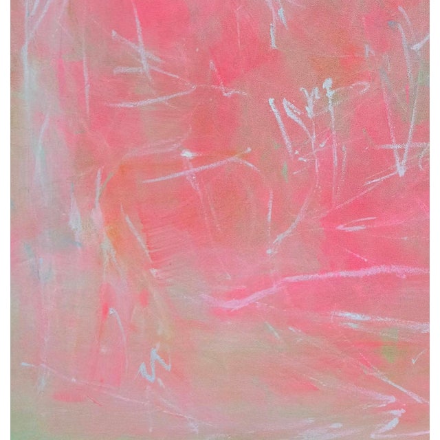 "Unexpected Visitors" is a large post-colorfield Oil and acrylic painting on canvas. The dominant rose, coral and blush...