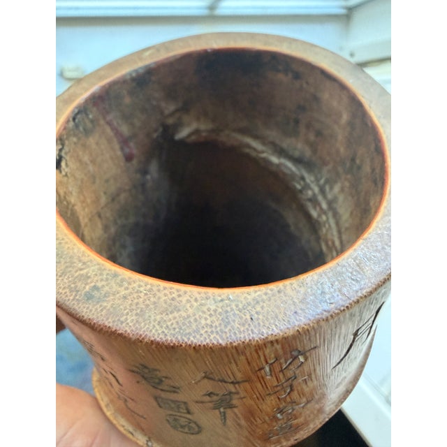 Antique Chinese Carved Bamboo Brush Pot Bitong Qing Dynasty Scholar Landscape 6.5" For Sale - Image 11 of 14