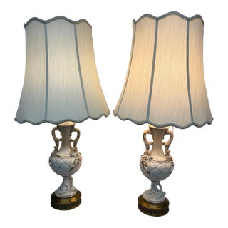 White Porcelain With Gold Swirls Table Lamps, Pair For Sale