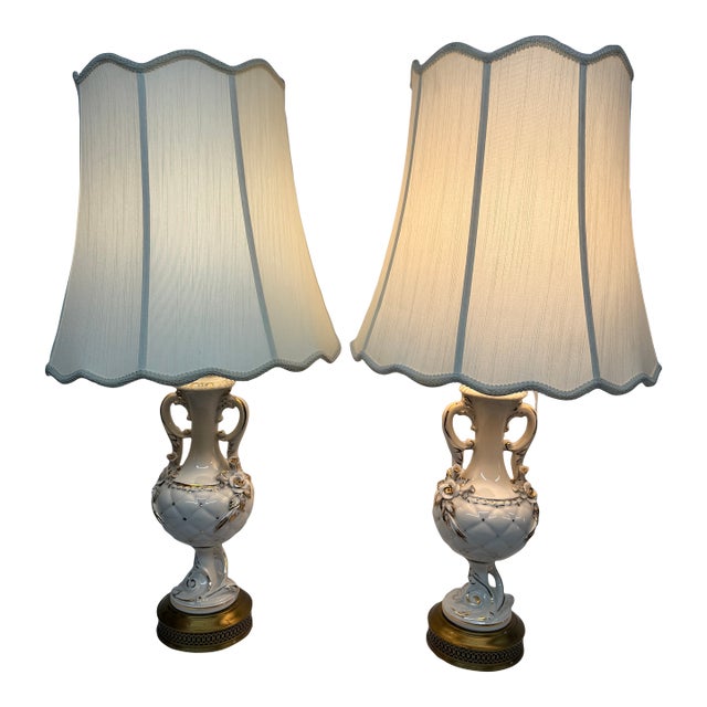 White Porcelain With Gold Swirls Table Lamps, Pair For Sale