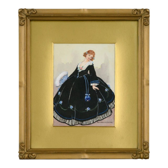1920's Historical Fashion Illustration of Lady in 17th Century Dress by M. Solomon For Sale