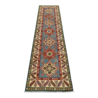Kazak Runner 2’9” X 10′ Blue Wool Tribal Hand-Knotted Oriental Rug For Sale